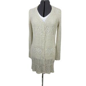 BCBGMaxazria women's ecru‎ open knit crochet button front long cardigan